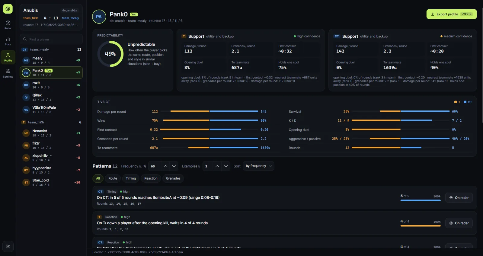 Player profile: predictability, roles, T vs CT and patterns