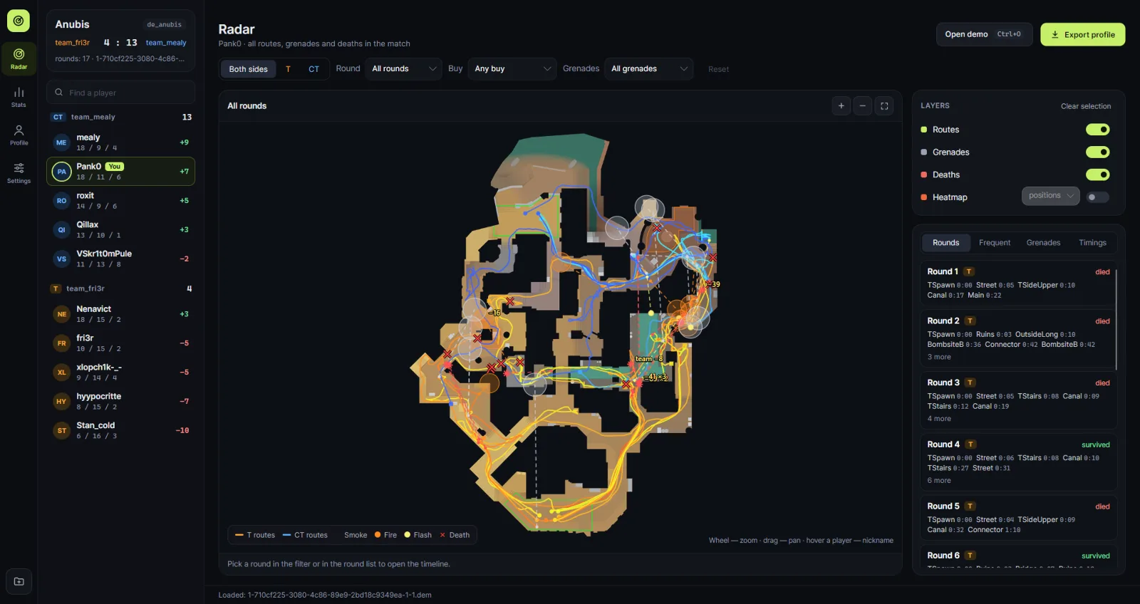 Radar with all routes, grenades and deaths of one player